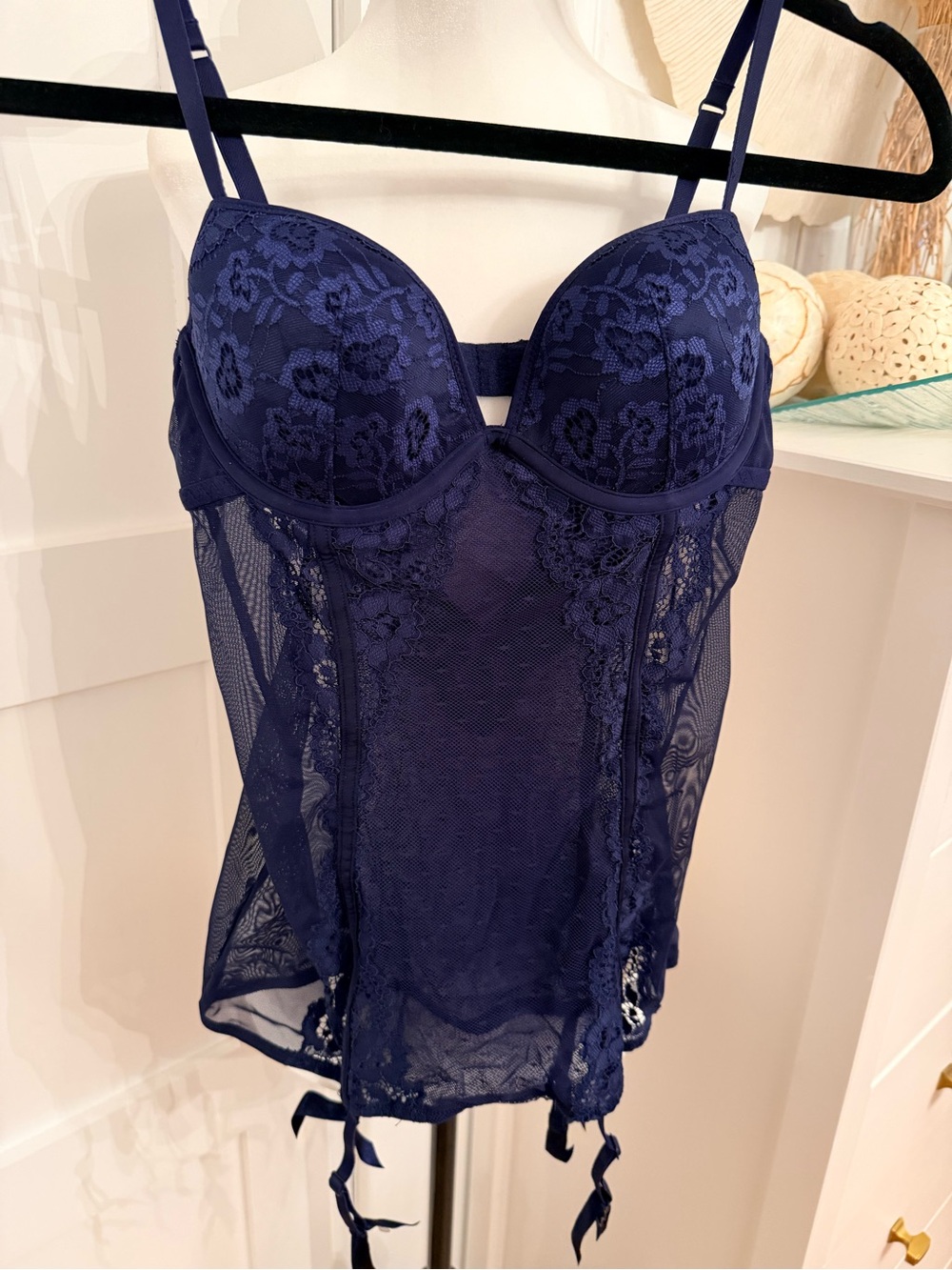 La SENZA Navy Blue Lace Bustier Chemise with Garters